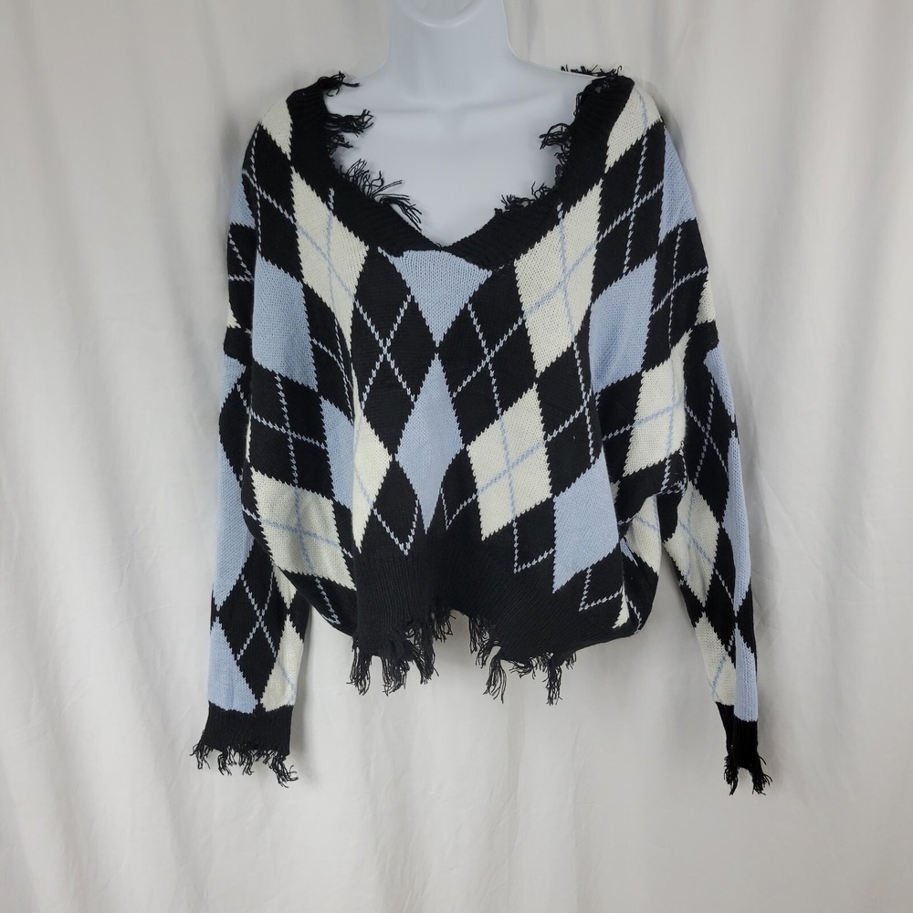 Just Polly New York Distressed Argyle Pullover Sweater Blue White Womens Size L